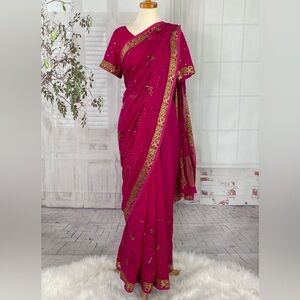 Indian Saree with Large Choli Blouse Magenta Pink Gold Georgette Party Bollywood